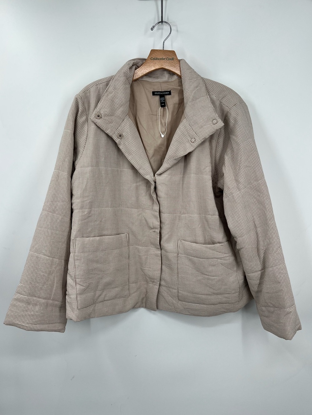 EILEEN FISHER Mini Plaid High Collar Padded Jacket in Wheat Medium